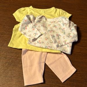 3 piece-long sleeve body suit, short sleeve yellow top & peachpink pants 3-6 mo